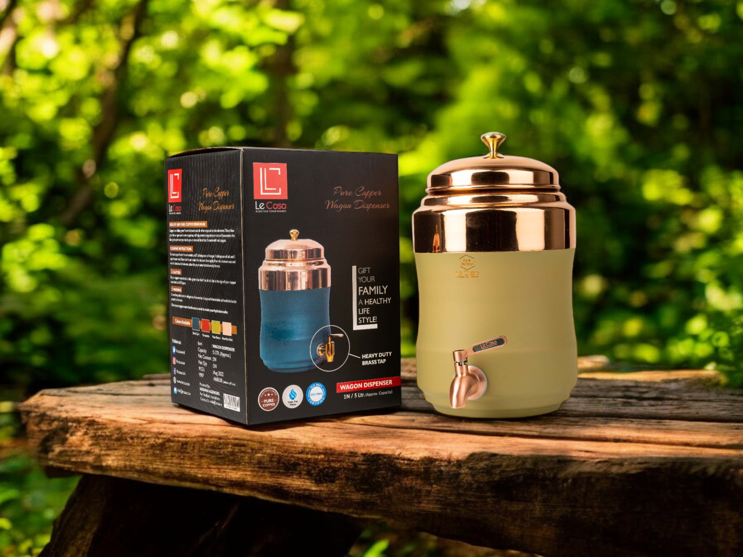 LeCasa - Wagon Copper Water Dispenser with Brass (Pital) Tap - Pear Green | Capacity - 5 Litre / 5000ML | 100% Pure Copper with ISO Certification |