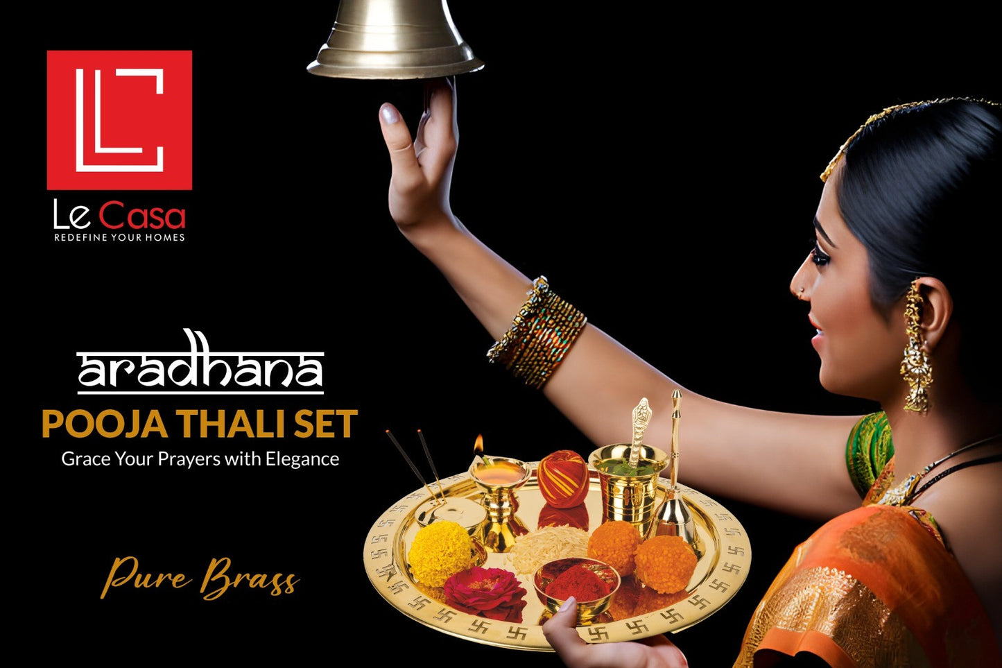LeCasa - Aradhana Pooja Tahli Set with 7 Compartments | Material - 100% Brass with ISO Certification |