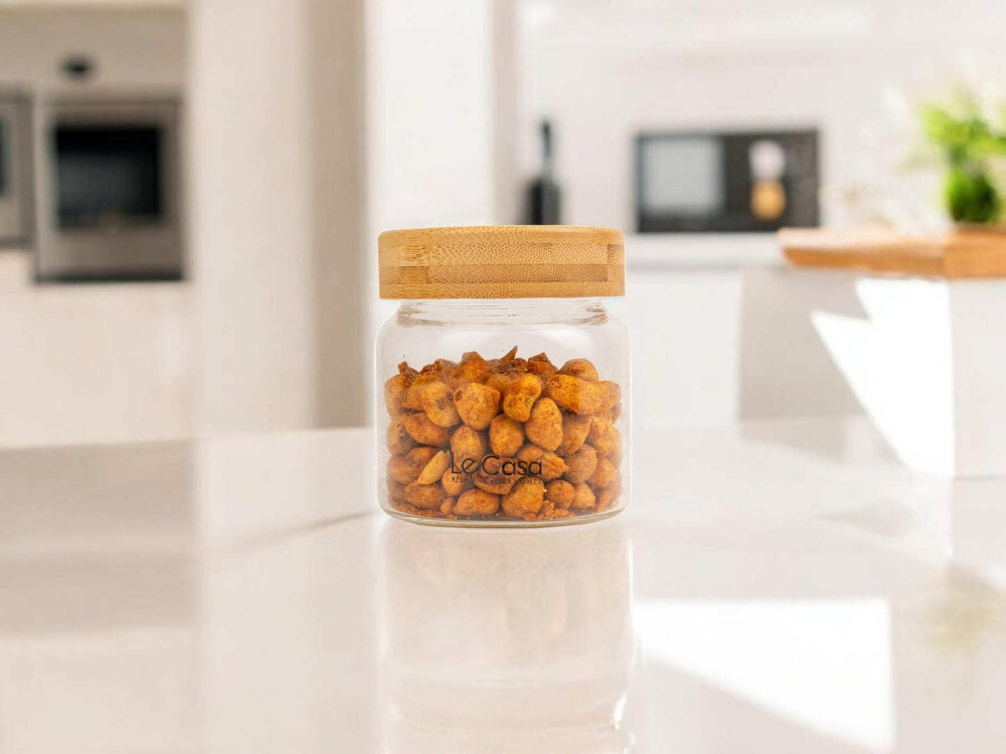 LeCasa - 3042 Airtight Borosilicate Round Glass Jar With Bamboo Lid 300ML | 100% Borosilicate Glass With ISO Certification | Ideal Use For - Storage, Serving, Snacks Storage, Grocery Storage |