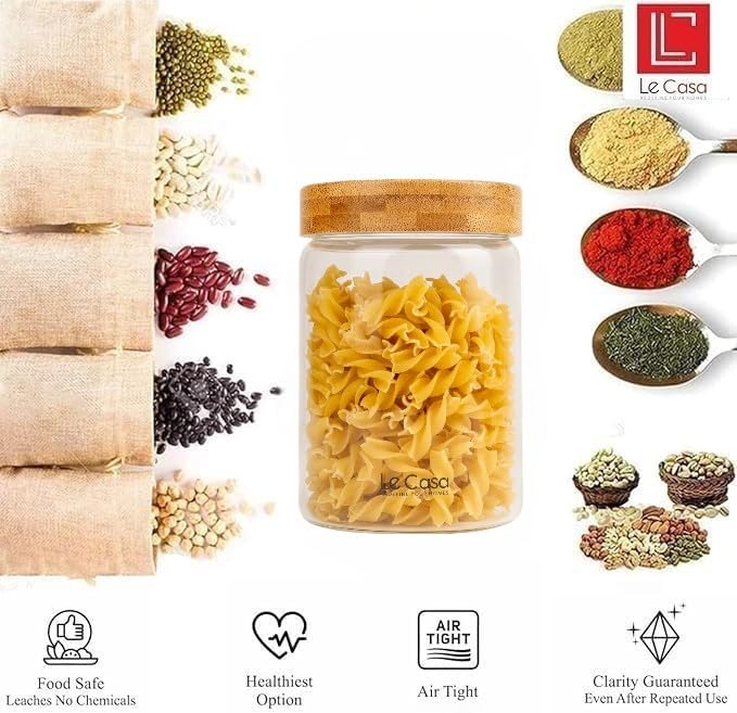 LeCasa - 3044 Airtight Borosilicate Round Glass Jar With Bamboo Lid 900ML | 100% Borosilicate Glass With ISO Certification | Ideal Use For - Storage, Serving, Snacks Storage, Grocery Storage |