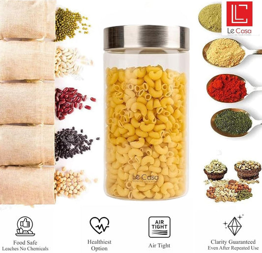 LeCasa - AirTight Borosilicate Round Glass Jar With Screw Steel Lid 1500ML | 100% Borosilicate Glass With ISO Certification | Ideal Use For - Storage, Serving, Snacks, Grocery Storage |
