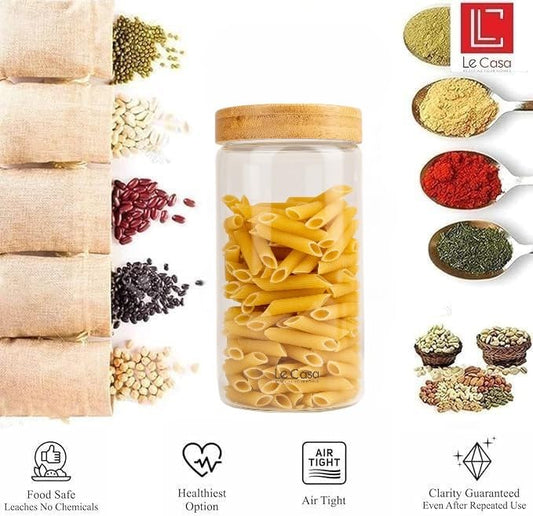 LeCasa - 3045 Airtight Borosilicate Round Glass Jar With Bamboo Lid 1200ML | 100% Borosilicate Glass With ISO Certification | Ideal Use For - Storage, Serving, Snacks Storage, Grocery Storage |