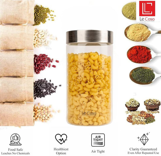 LeCasa - AirTight Borosilicate Round Glass Jar With Screw Steel Lid 1200ML | 100% Borosilicate Glass With ISO Certification | Ideal Use For - Serving, Snacks Storage, Grocery Storage |