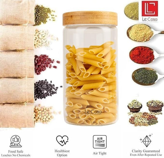 LeCasa - 3083 Airtight Borosilicate Round Glass Jar With Bamboo Lid 1500ML | 100% Borosilicate Glass With ISO Certification | Ideal Use For - Storage, Serving, Snacks Storage, Grocery Storage |
