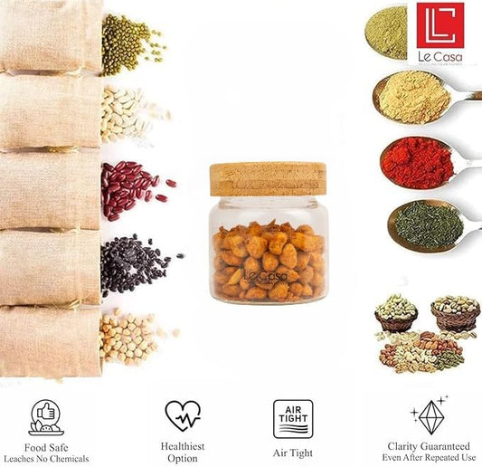 LeCasa - 3042 Airtight Borosilicate Round Glass Jar With Bamboo Lid 300ML | 100% Borosilicate Glass With ISO Certification | Ideal Use For - Storage, Serving, Snacks Storage, Grocery Storage |