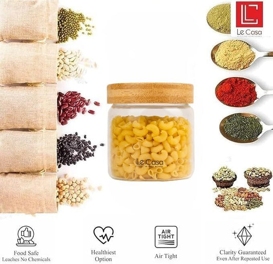LeCasa - 3043 Airtight Borosilicate Round Glass Jar With Bamboo Lid 600ML | 100% Borosilicate Glass With ISO Certification | Ideal Use For - Storage, Serving, Snacks Storage, Grocery Storage |