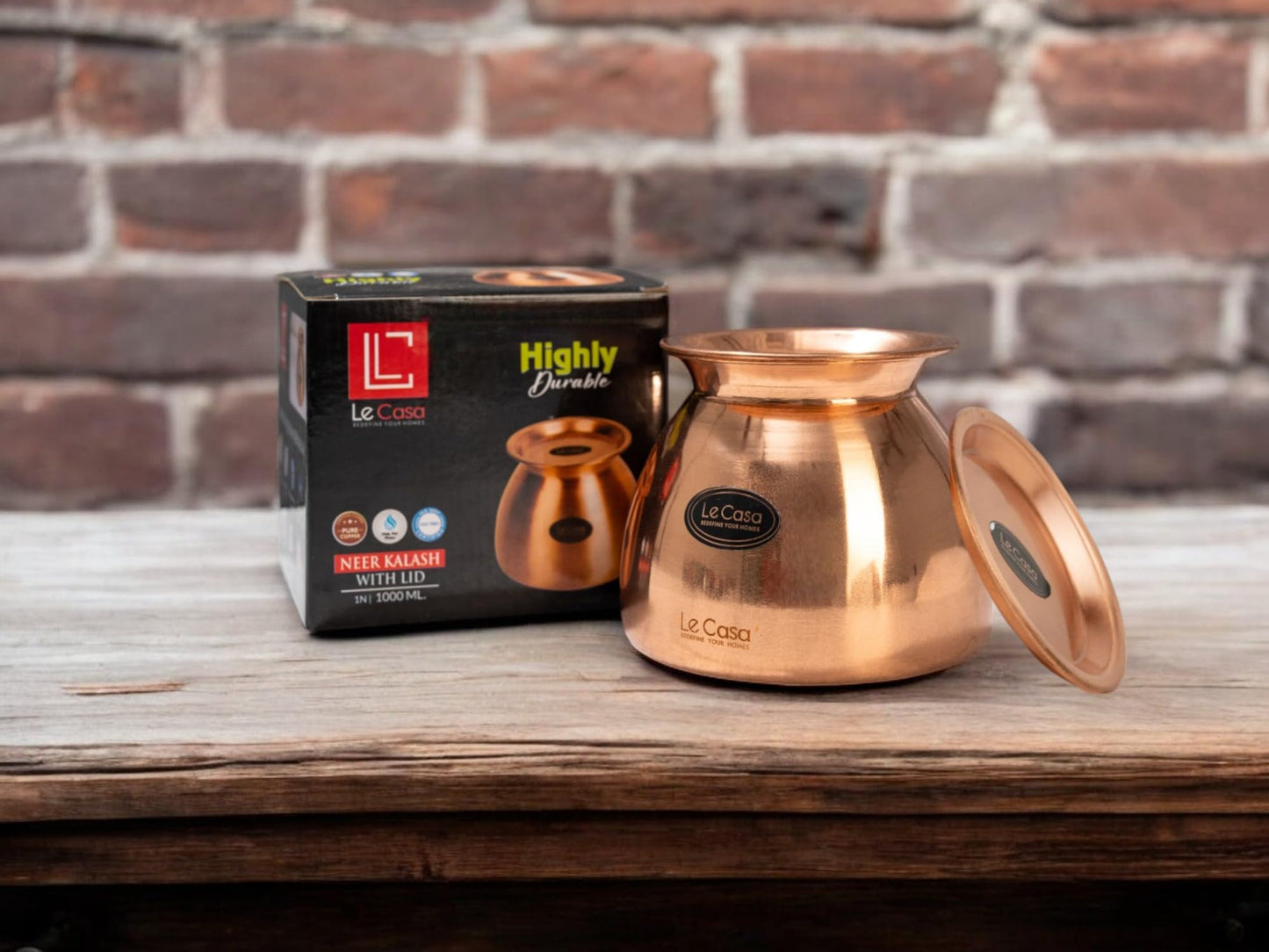 LeCasa - Neer Copper Kalash With Lid 1000ML | 100% Pure Copper With ISO Certification |