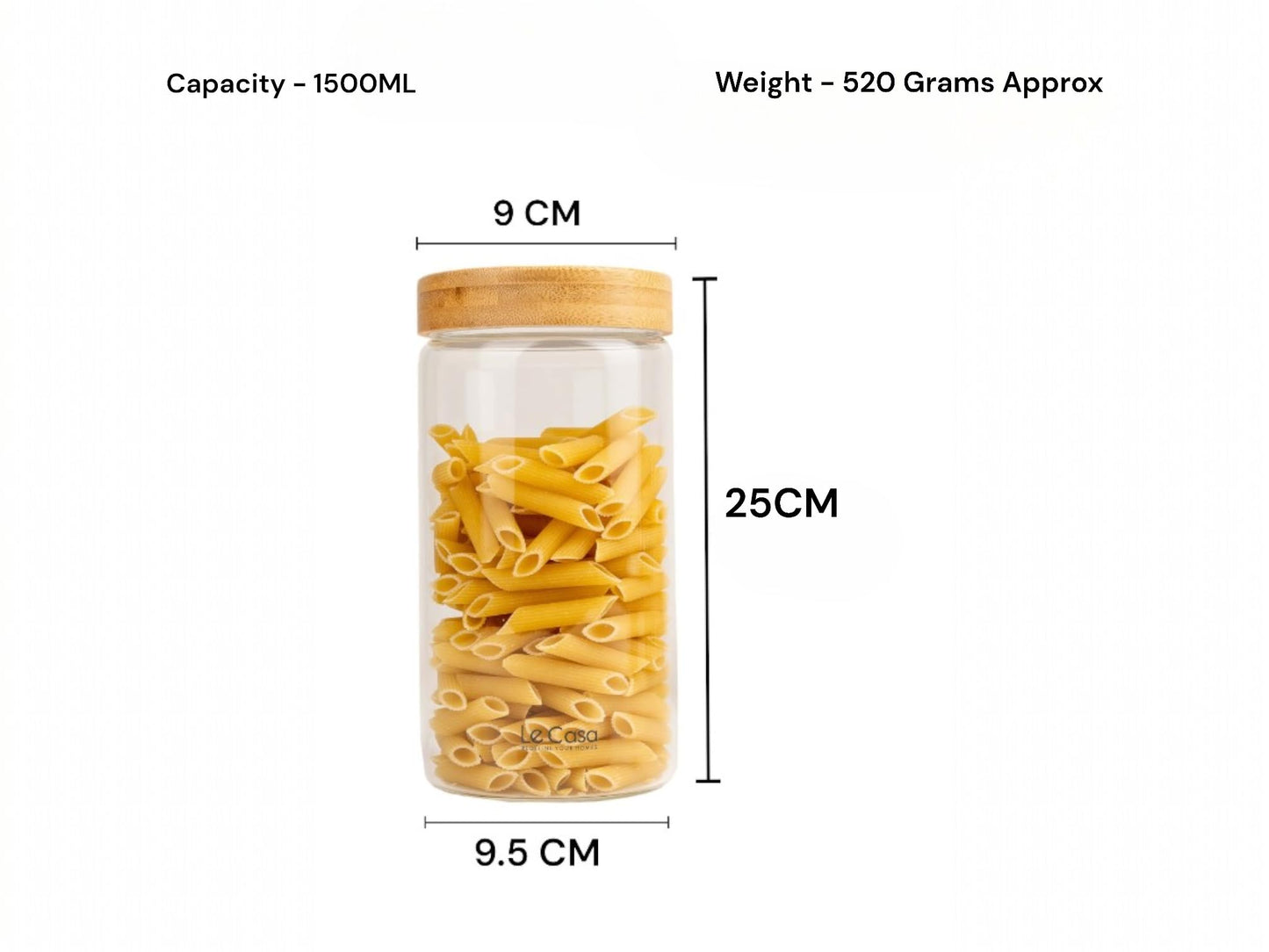 LeCasa - 3083 Airtight Borosilicate Round Glass Jar With Bamboo Lid 1500ML | 100% Borosilicate Glass With ISO Certification | Ideal Use For - Storage, Serving, Snacks Storage, Grocery Storage |