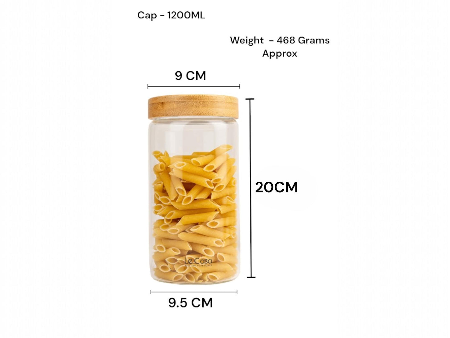LeCasa - 3045 Airtight Borosilicate Round Glass Jar With Bamboo Lid 1200ML | 100% Borosilicate Glass With ISO Certification | Ideal Use For - Storage, Serving, Snacks Storage, Grocery Storage |