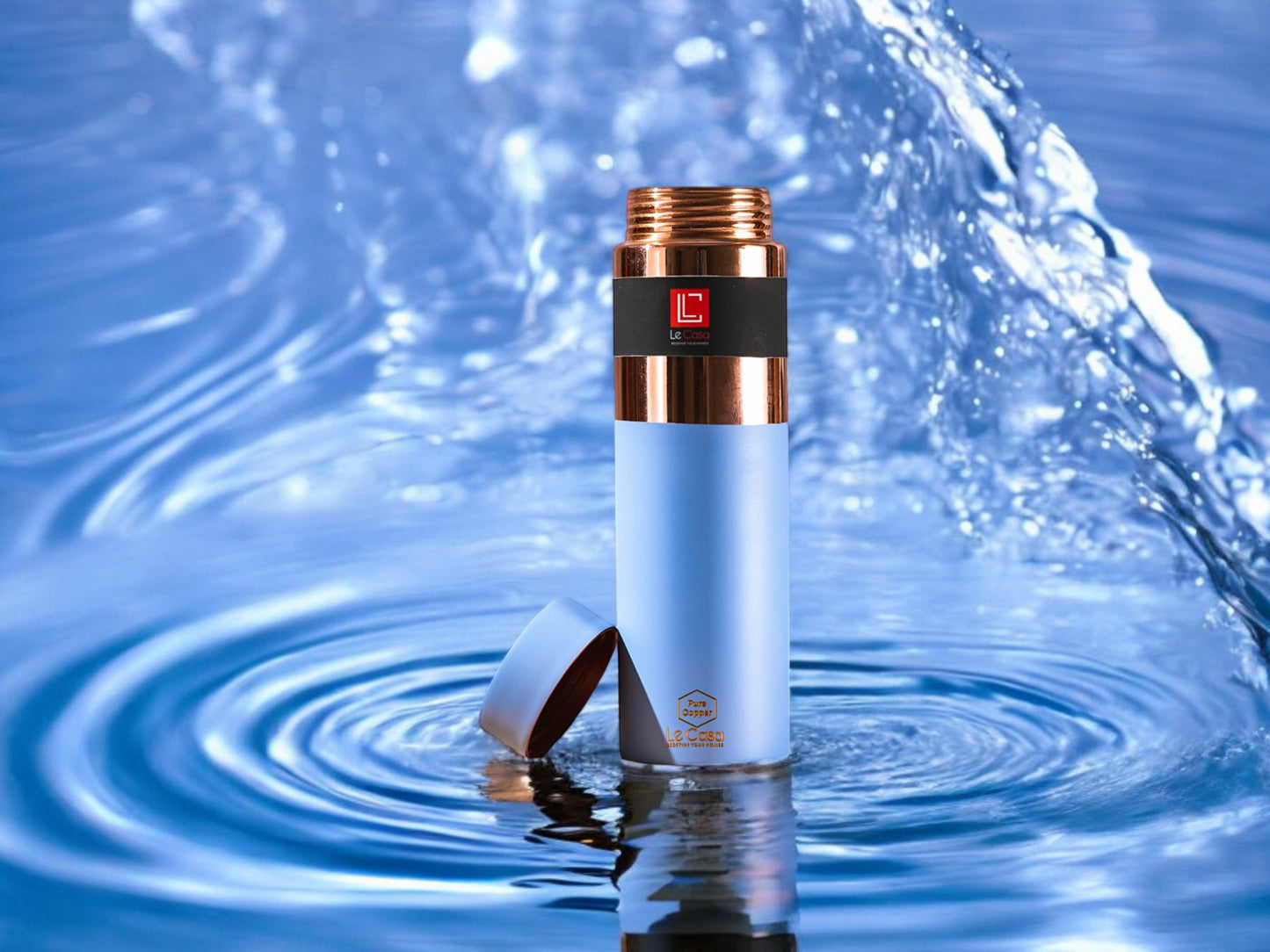 LeCasa - Greek Copper Water Bottle 1000ML | Color - Sky Blue | 100% Pure Copper With ISO Certification |