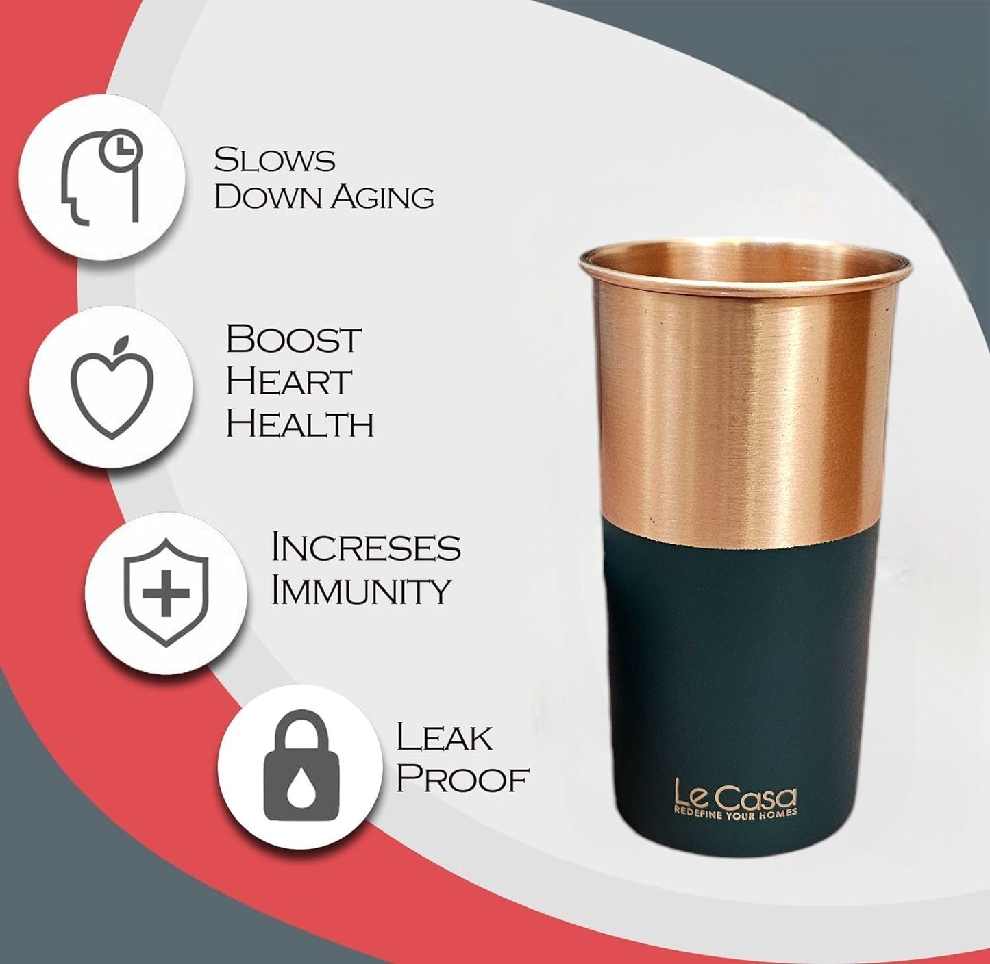 LeCasa - Energy Copper Water Tumbler 500ML | Color - C.Green | 100% Pure Copper With ISO Certification |