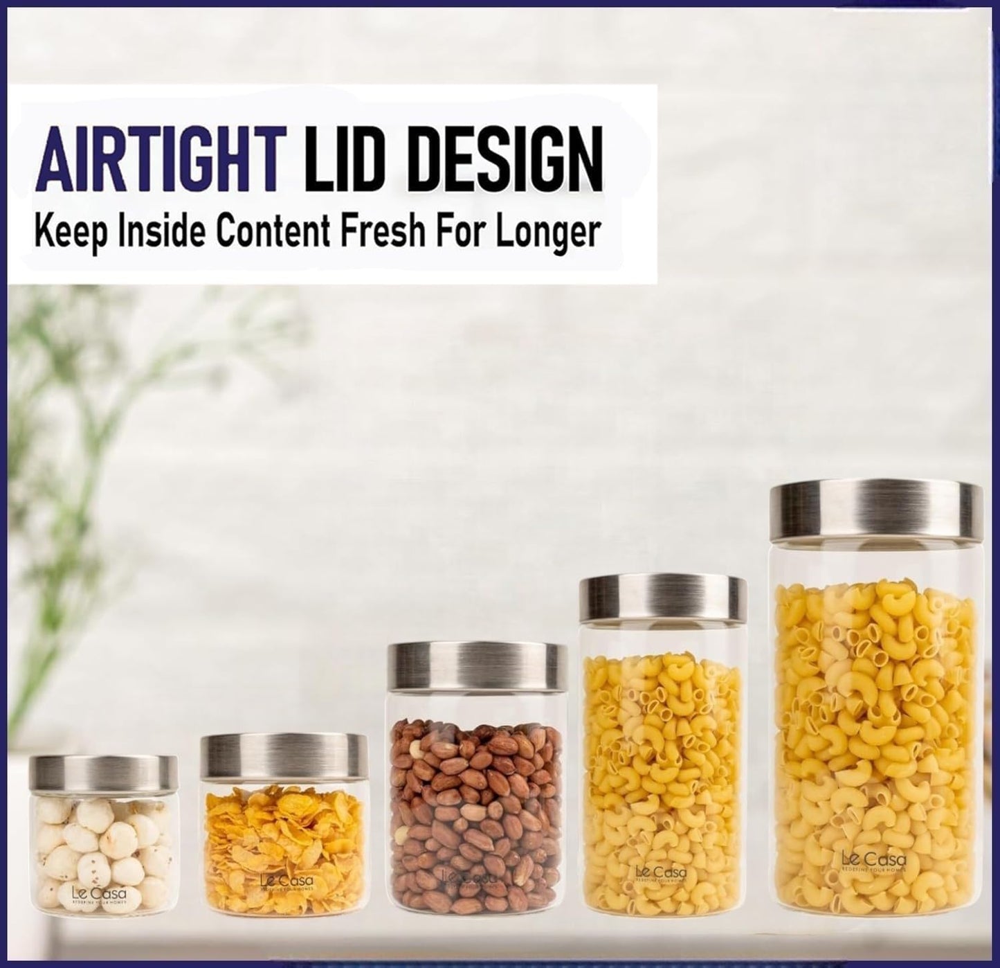 LeCasa - AirTight Borosilicate Round Glass Jar With Screw Steel Lid 1500ML | 100% Borosilicate Glass With ISO Certification | Ideal Use For - Storage, Serving, Snacks, Grocery Storage |