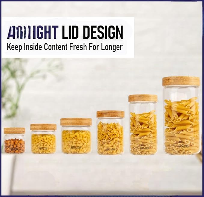 LeCasa - 3083 Airtight Borosilicate Round Glass Jar With Bamboo Lid 1500ML | 100% Borosilicate Glass With ISO Certification | Ideal Use For - Storage, Serving, Snacks Storage, Grocery Storage |