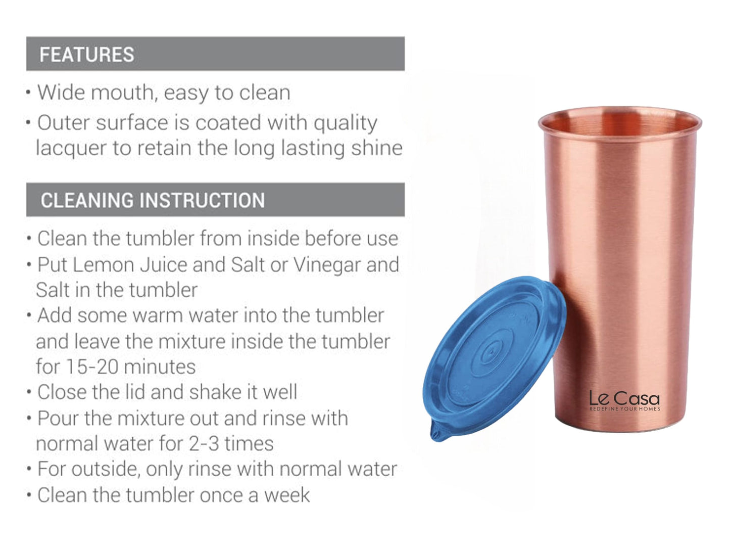 LeCasa - Energy Copper Water Tumbler 500ML Matt With Plastic Lid | 100% Pure Copper With ISO Certification |
