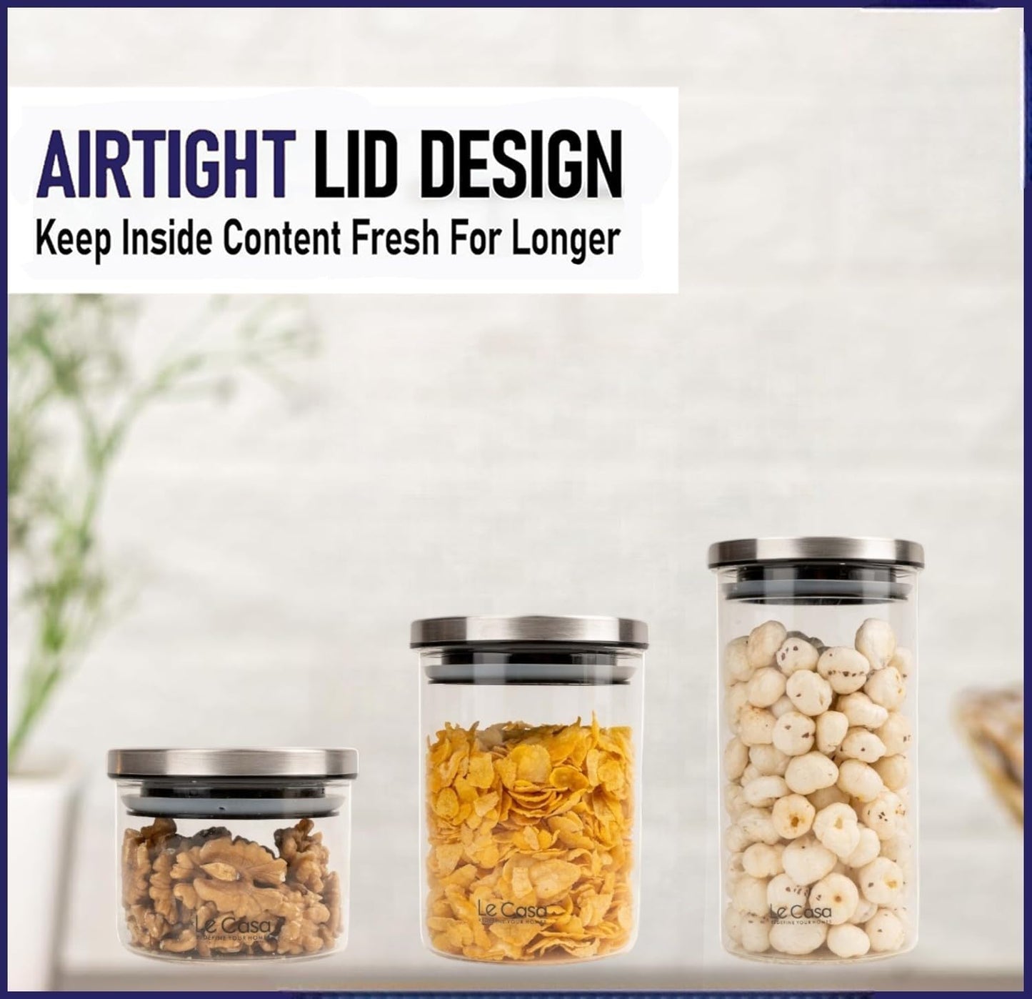 LeCasa - Denver AirTight Borosilicate Glass Round Jar With Steel Screw Lid | 100% Borosilicate Glass With ISO Certification | (Set Of 3)