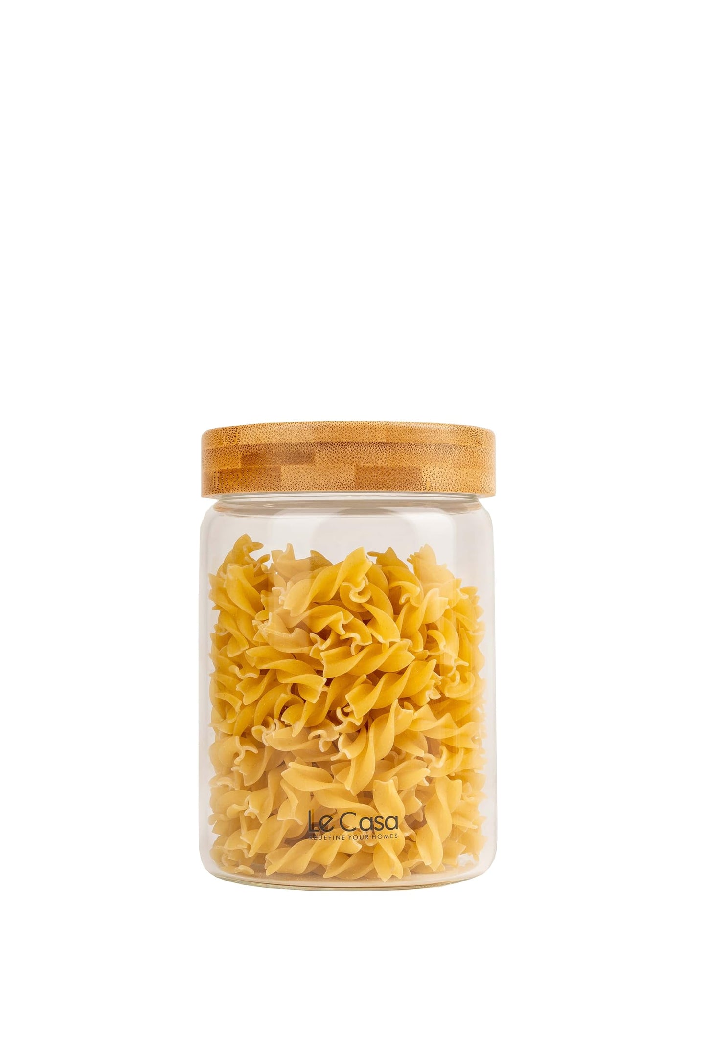 LeCasa - 3044 Airtight Borosilicate Round Glass Jar With Bamboo Lid 900ML | 100% Borosilicate Glass With ISO Certification | Ideal Use For - Storage, Serving, Snacks Storage, Grocery Storage |