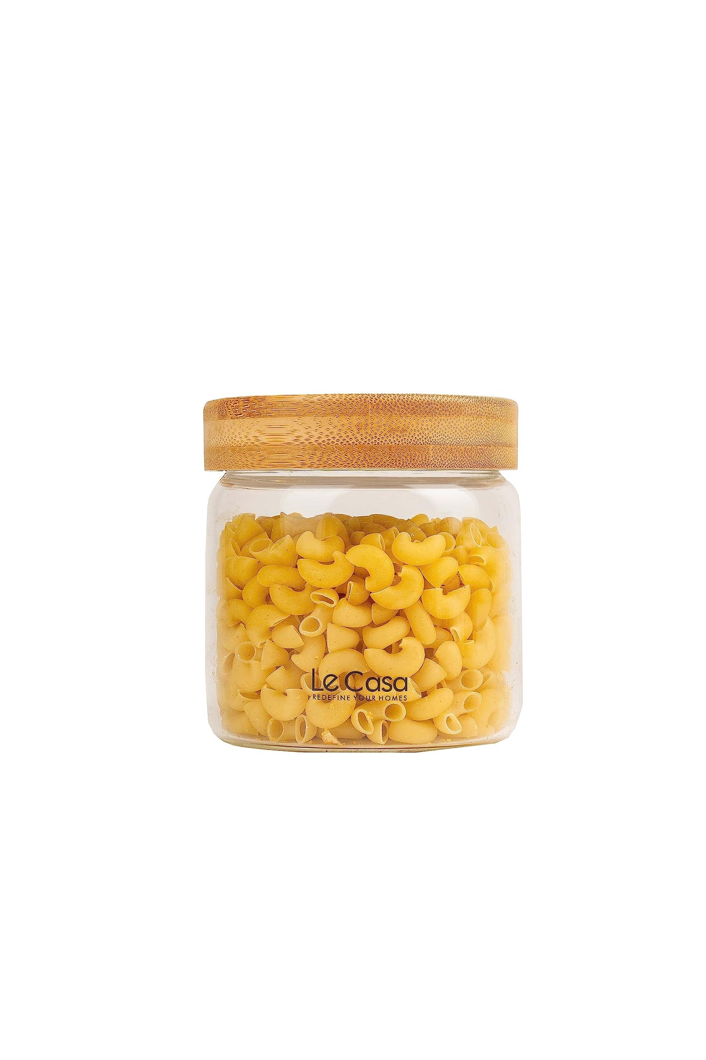 LeCasa - 3043 Airtight Borosilicate Round Glass Jar With Bamboo Lid 600ML | 100% Borosilicate Glass With ISO Certification | Ideal Use For - Storage, Serving, Snacks Storage, Grocery Storage |