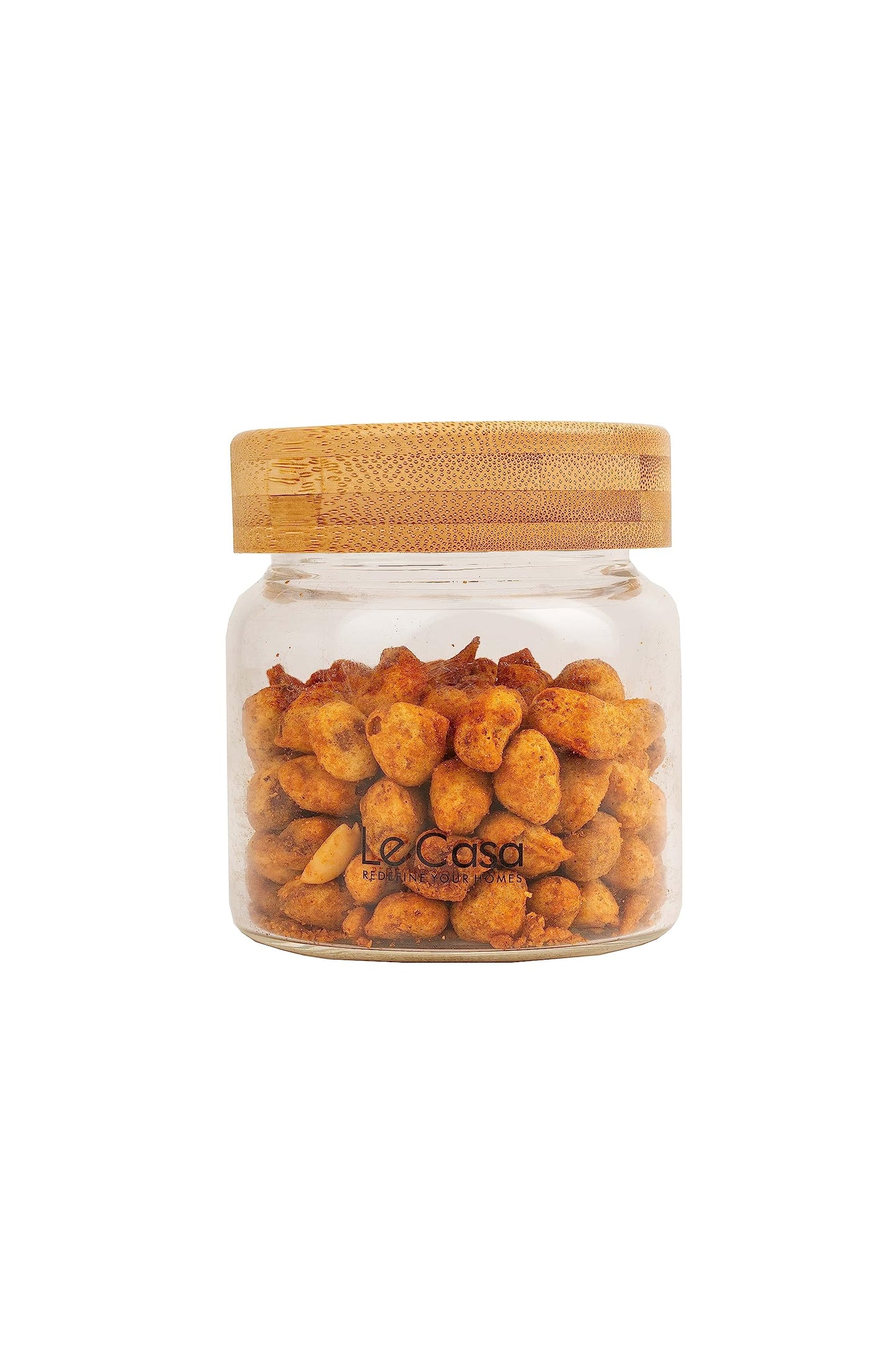 LeCasa - 3042 Airtight Borosilicate Round Glass Jar With Bamboo Lid 300ML | 100% Borosilicate Glass With ISO Certification | Ideal Use For - Storage, Serving, Snacks Storage, Grocery Storage |