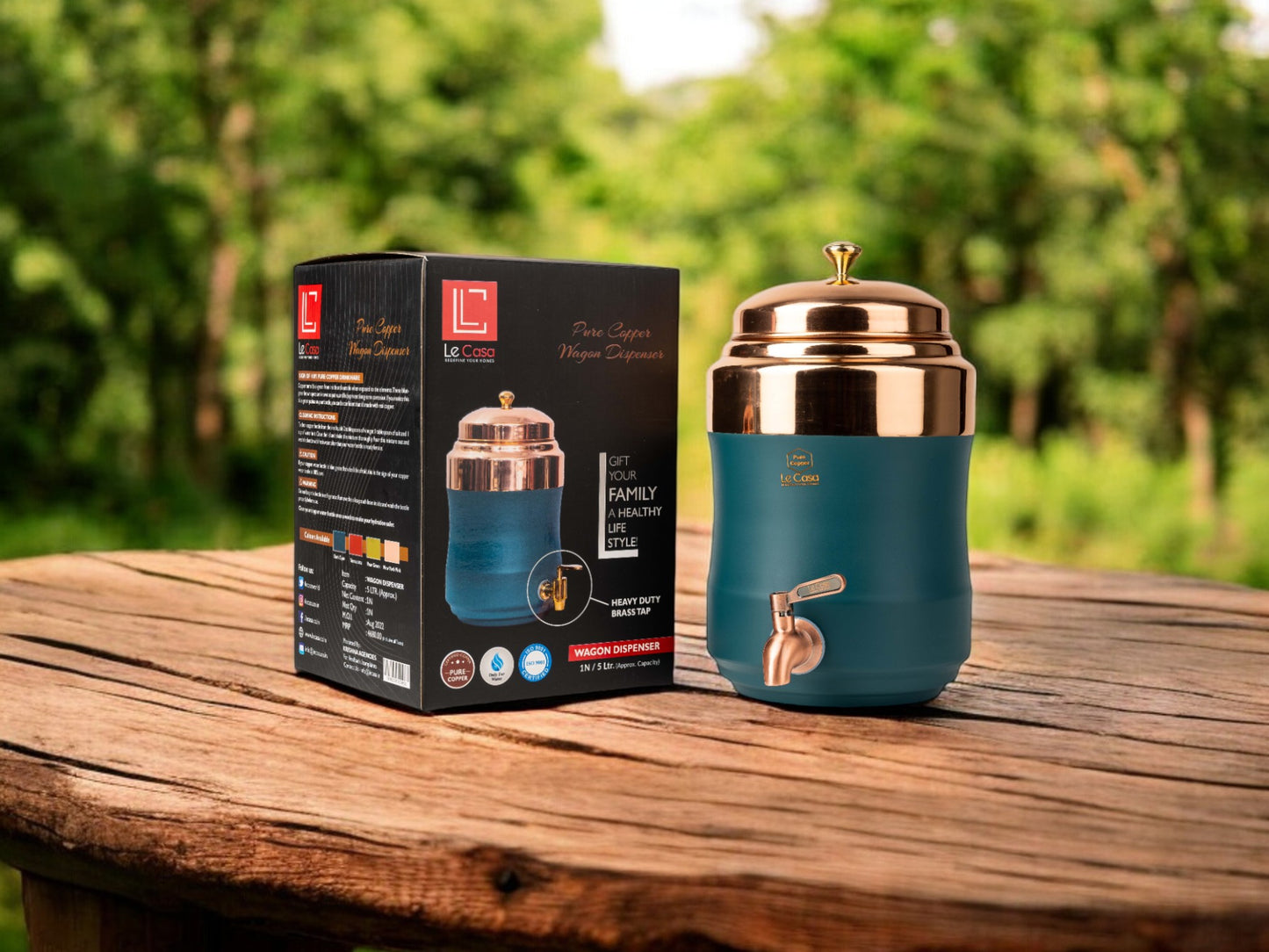 LeCasa - Wagon Copper Water Dispenser with Brass (Pital) Tap - Dark Cyan | Capacity - 5 Litre / 5000ML | 100% Pure Copper with ISO Certification |