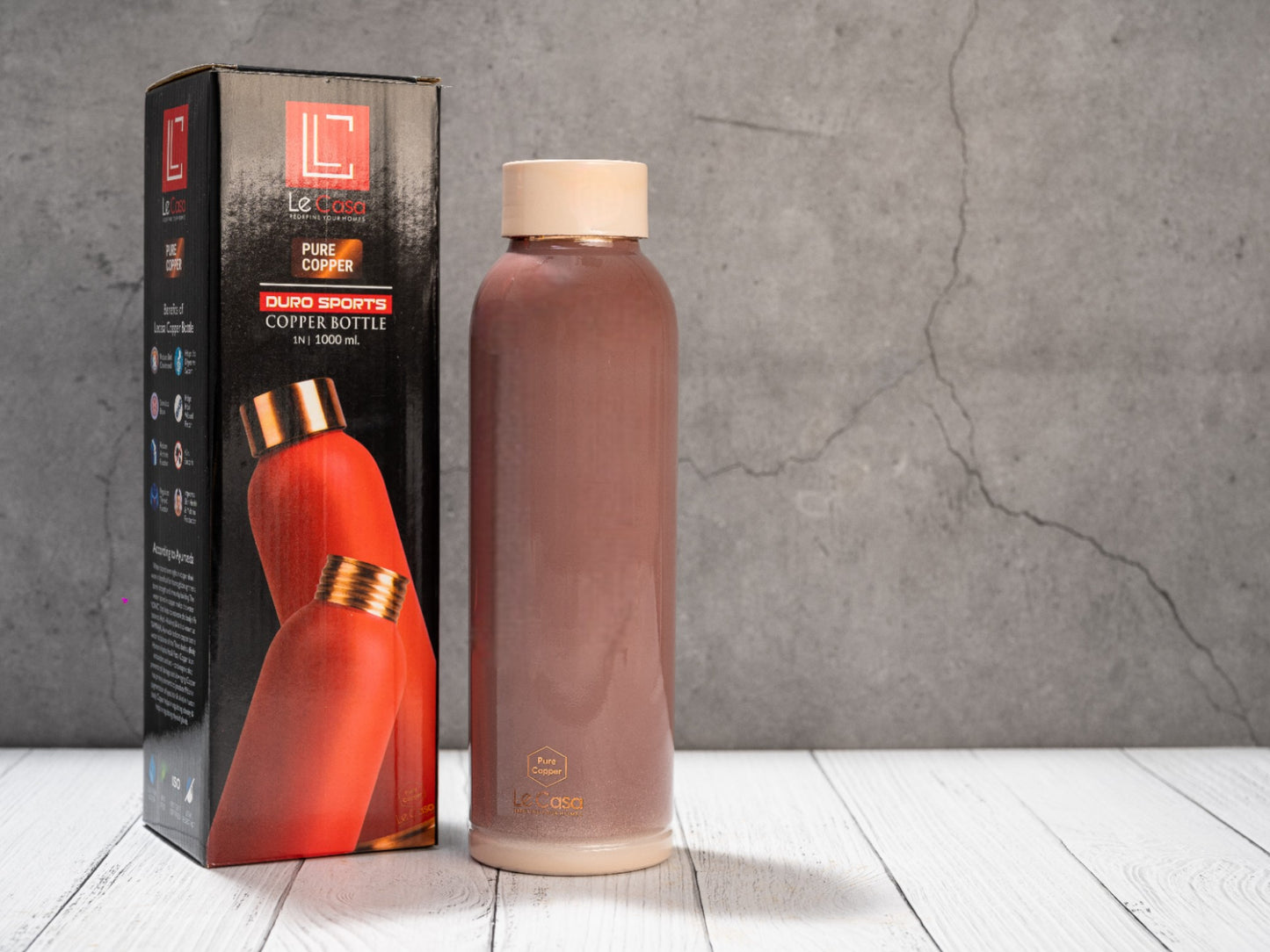 LeCasa - Duro Sports Copper Water Bottle 950ML | Color - Terracotta | 100% Pure Copper with ISO Certification | BPA Free, Leak Proof, Rust Free & Eco Friendly |
