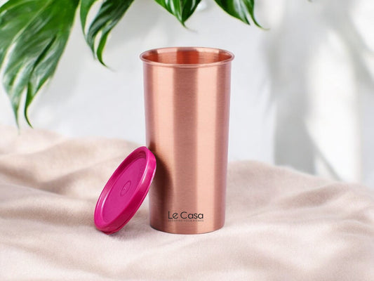 LeCasa - Energy Copper Water Tumbler 500ML Matt With Plastic Lid | 100% Pure Copper With ISO Certification |