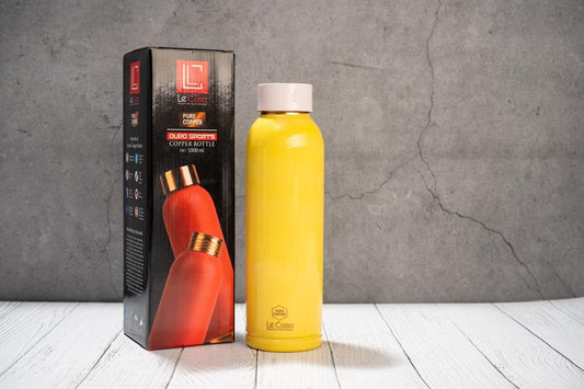 LeCasa - Duro Sports Copper Water Bottle 1000ML | Color - Yellow | 100% Pure Copper with ISO Certification | BPA Free, Leak Proof, Rust Free & Eco Friendly |