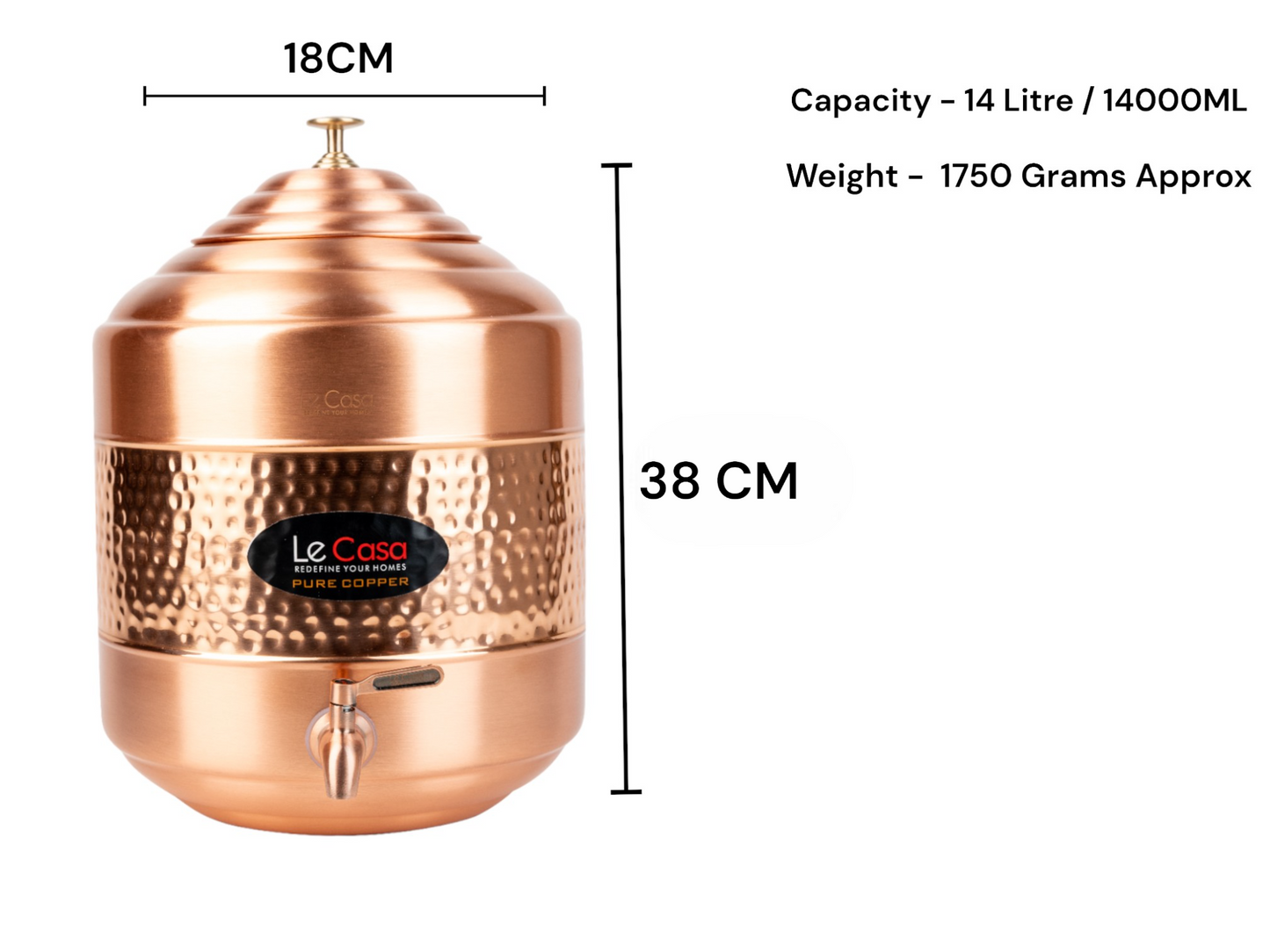 LeCasa - Aqua Cool Copper Water Dispenser with Brass (Pital) Tap | Capacity - 14 Litre / 14000ML | 100% Pure Copper with ISO Certification |