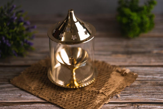 LeCasa - Brass Shraddha Diya with Glass Cover - Big | Made with Traditional Design - Made in India Product | 100% Pure Brass Material with ISO Certification |