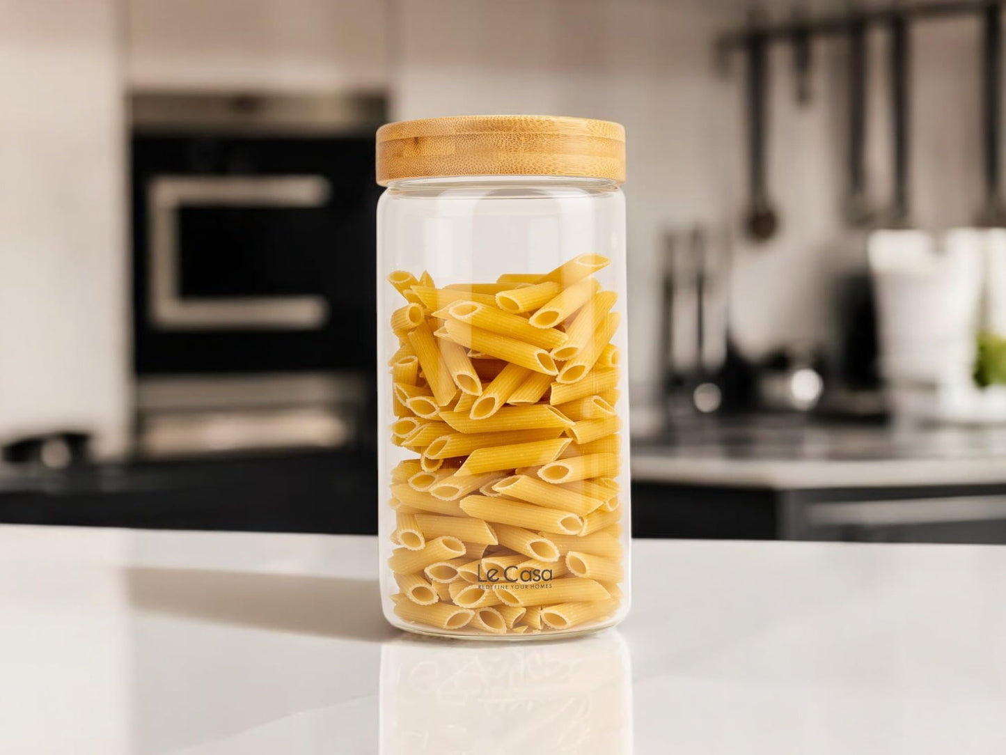 LeCasa - 3083 Airtight Borosilicate Round Glass Jar With Bamboo Lid 1500ML | 100% Borosilicate Glass With ISO Certification | Ideal Use For - Storage, Serving, Snacks Storage, Grocery Storage |