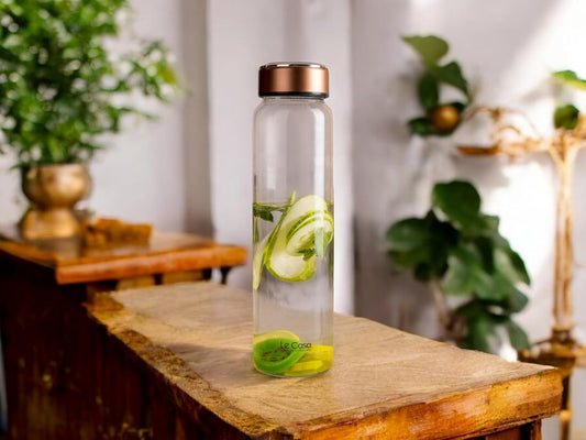 LeCasa - Borosilicate Glass Bottle With Copper Colour Screw Lid - 3081 | Capacity - 750ML | 100% Pure Borosolicate Glass With ISO Certification | BPA Free, Leak Proof, Rust Free & Eco Friendly |