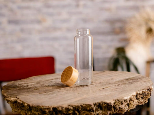 LeCasa - Borosilicate Glass Bottle With Bamboo Screw Lid - 3078 | Capacity - 500ML | 100% Pure Borosolicate Glass With ISO Certification | BPA Free, Leak Proof, Rust Free & Eco Friendly |