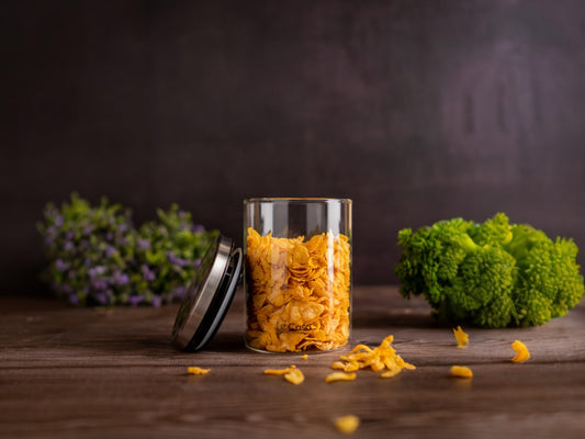 LeCasa - Denver Airtight Borosilicate Round Glass Jar With Steel Push Lid 700ML | 100% Borosilicate Glass With ISO Certification | Ideal Use For - Storage, Serving, Snacks , Grocery Storage |