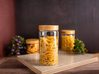 LeCasa - 3045 Airtight Borosilicate Round Glass Jar With Bamboo Lid 1200ML | 100% Borosilicate Glass With ISO Certification | Ideal Use For - Storage, Serving, Snacks Storage, Grocery Storage |