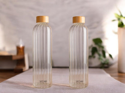 Madie Borosilicate Water Bottle With Bamboo Screw Lid 1000ML Each | Set Of - 2 Bottles | 100% Borosilicate Glass With ISO Certification | BPA Free, Rust Proof, Leakage Proof, Eco Friendly |