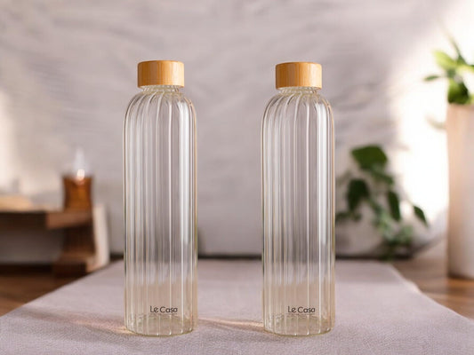 Madie Borosilicate Water Bottle With Bamboo Screw Lid 1000ML Each | Set Of - 2 Bottles | 100% Borosilicate Glass With ISO Certification | BPA Free, Rust Proof, Leakage Proof, Eco Friendly |