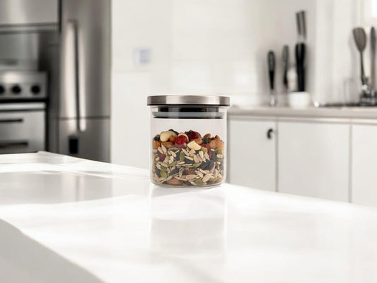 LeCasa - Denver Airtight Borosilicate Round Glass Jar With Steel Push Lid 500ML | 100% Borosilicate Glass With ISO Certification | Ideal Use For - Storage, Serving, Snacks Storage, Grocery Storage |