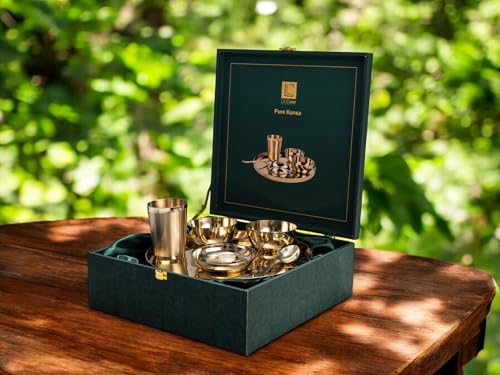 LeCasa - Kansa 6PC Dinner Thali Set | 100% Pure Kansa Material with ISO Certification | 1 Thali, 2 Bowls, 1 Dessert Plate, 1 Tumbler & 1 Spoon |