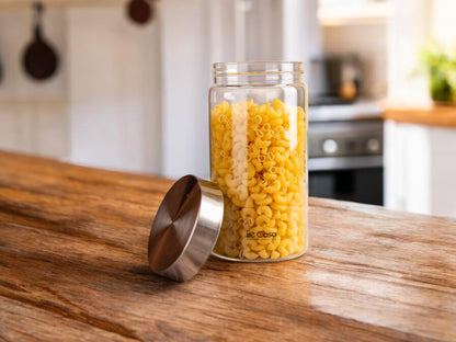 LeCasa - AirTight Borosilicate Round Glass Jar With Screw Steel Lid 1500ML | 100% Borosilicate Glass With ISO Certification | Ideal Use For - Storage, Serving, Snacks, Grocery Storage |