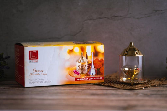 LeCasa - Brass Shraddha Diya with Glass Cover - Medium | Made with Traditional Design - Made in India Product | 100% Pure Brass Material with ISO Certification |
