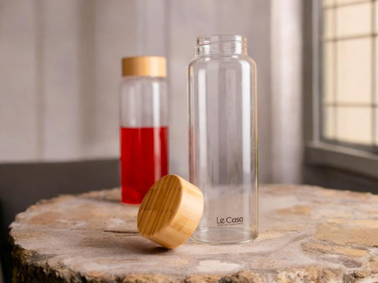 LeCasa - Borosilicate Glass Bottle With Bamboo Screw Lid - 3037 | Capacity - 750ML | 100% Pure Borosolicate Glass With ISO Certification | BPA Free, Leak Proof, Rust Free & Eco Friendly |