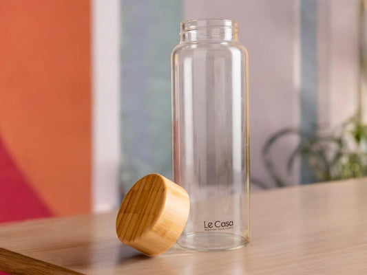 LeCasa - Borosilicate Glass Bottle With Bamboo Screw Lid - 3033 | Capacity - 1000ML | 100% Pure Borosolicate Glass With ISO Certification | BPA Free, Leak Proof, Rust Free & Eco Friendly |