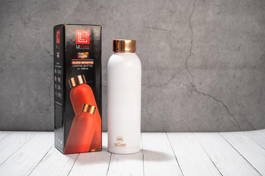 LeCasa - Duro Sports Copper Water Bottle 1000ML | Color - White | 100% Pure Copper with ISO Certification | BPA Free, Leak Proof, Rust Free & Eco Friendly |