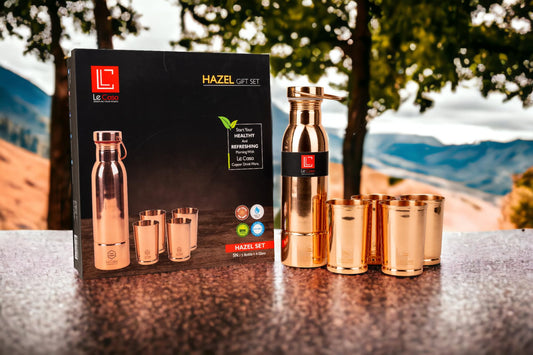 LeCasa - Hazel 5PC Copper Gift Set | 1 Copper Bottle - 1000ML & 4 Copper Tumbler 310ML Each | 100% Pure Copper With ISO Certification | BPA Free, Leak Proof & Eco Friendly |