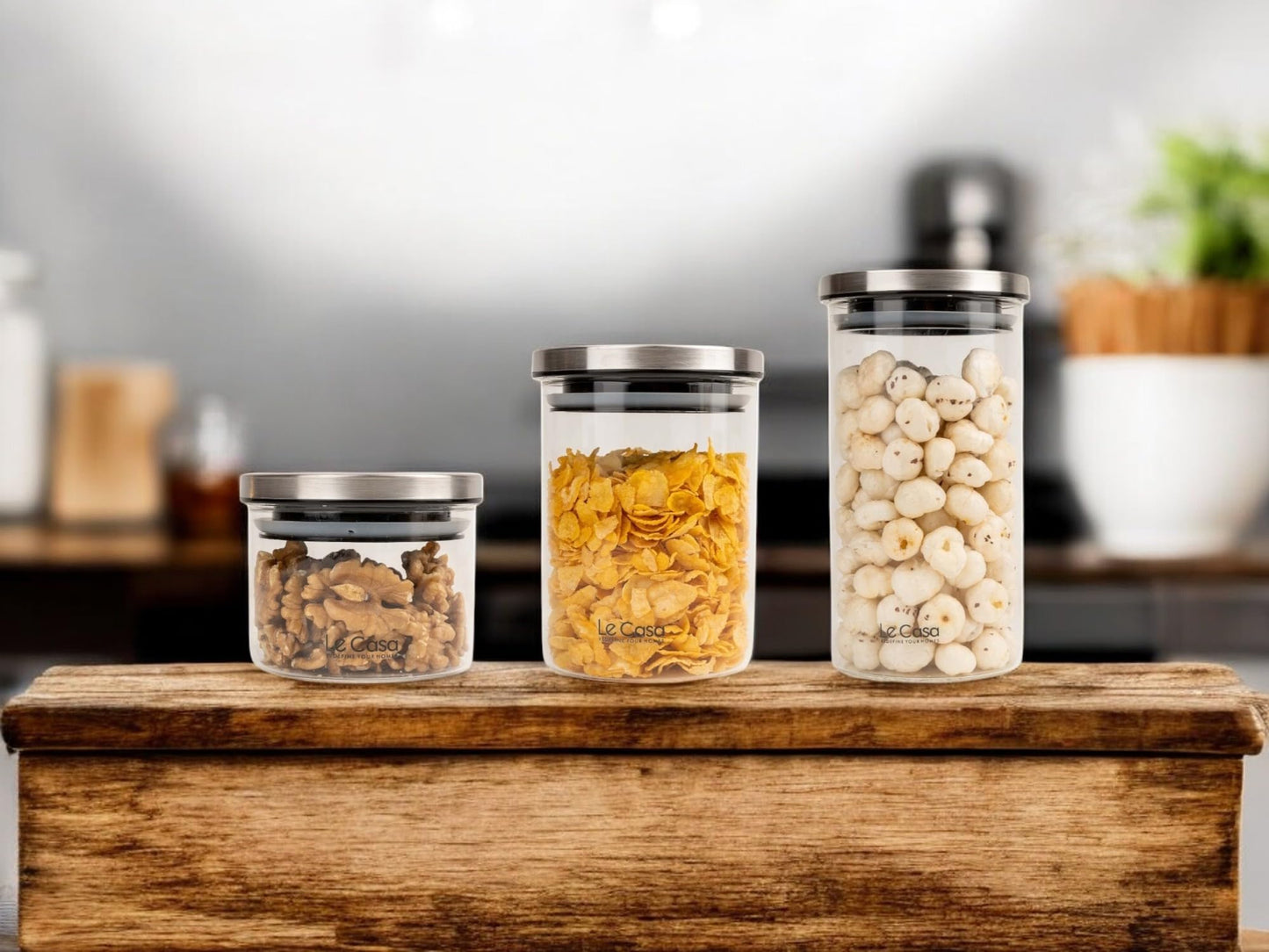 LeCasa - Denver AirTight Borosilicate Glass Round Jar With Steel Screw Lid | 100% Borosilicate Glass With ISO Certification | (Set Of 3)