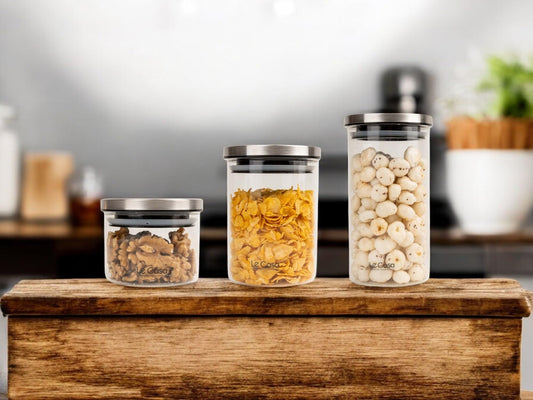 LeCasa - Denver AirTight Borosilicate Glass Round Jar With Steel Screw Lid | 100% Borosilicate Glass With ISO Certification | (Set Of 3)