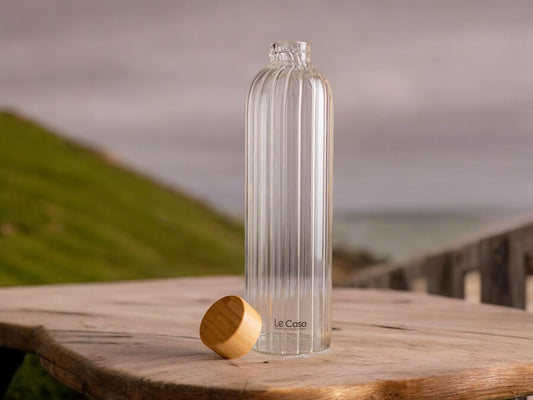 LeCasa - Madie Borosilicate Water Bottle With Bamboo Screw Lid 1000ML | 100% Borosilicate Glass With ISO Certification |