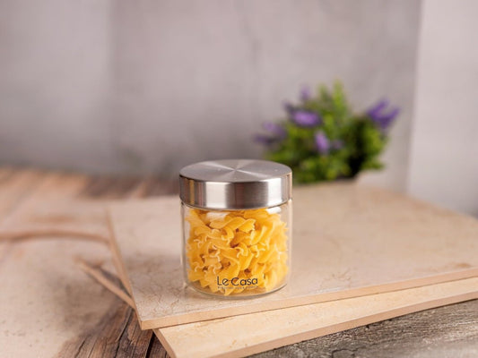 LeCasa - AirTight Borosilicate Round Glass Jar With Screw Steel Lid 600ML | 100% Borosilicate Glass With ISO Certification | Ideal Use For - Storage, Serving, Snacks, Grocery Storage |