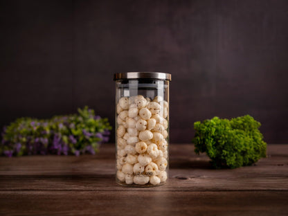 LeCasa - Denver Airtight Borosilicate Round Glass Jar With Steel Push Lid 1100ML | 100% Borosilicate Glass With ISO Certification | Ideal Use For - Storage, Serving, Snacks, Grocery Storage |