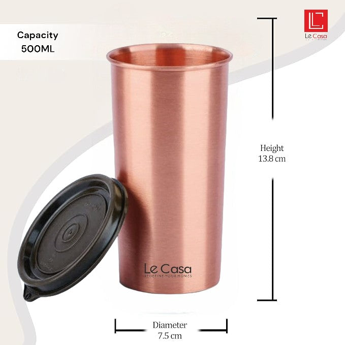 LeCasa - Energy Copper Water Tumbler 500ML Matt With Plastic Lid | 100% Pure Copper With ISO Certification |