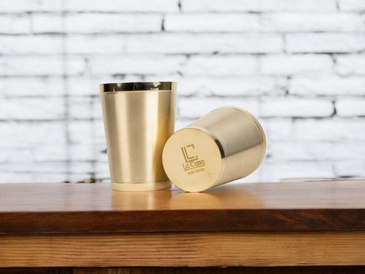 LeCasa - Kansa Glass with Gift Box Packaging | Design - Straight Set of 2 | Capacity - 300ML Each | 100% Pure Kansa Material with ISO Certification |